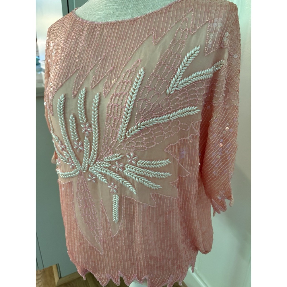 Vintage Pink Beaded Sequin Blouse Faux Pearl Evening Top Scalloped Hem